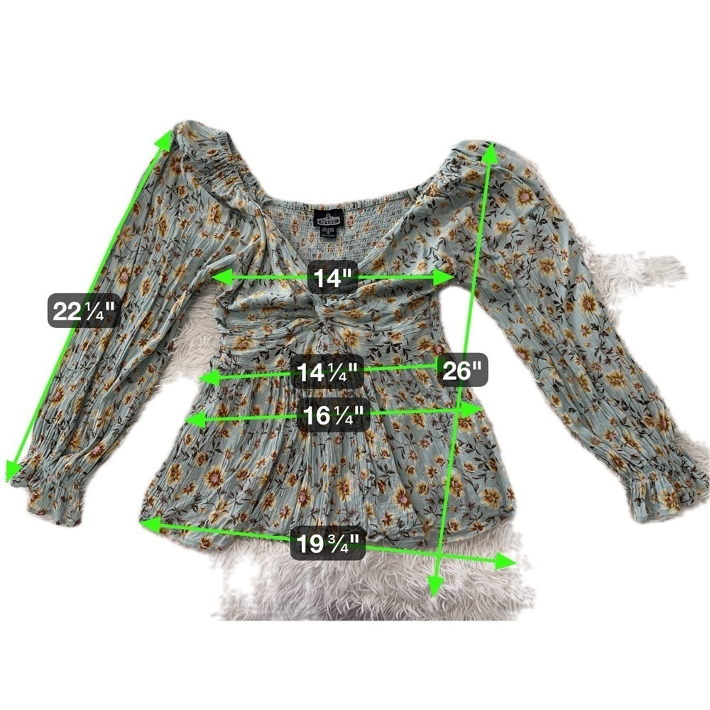 Angie Floral Sage Green Babydoll Long Sleeve Boho Smocked Peplum Top Size Small - Picture 14 of 16